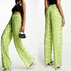 Princess Polly Lila satin plisse patterned wide leg pants in lime green